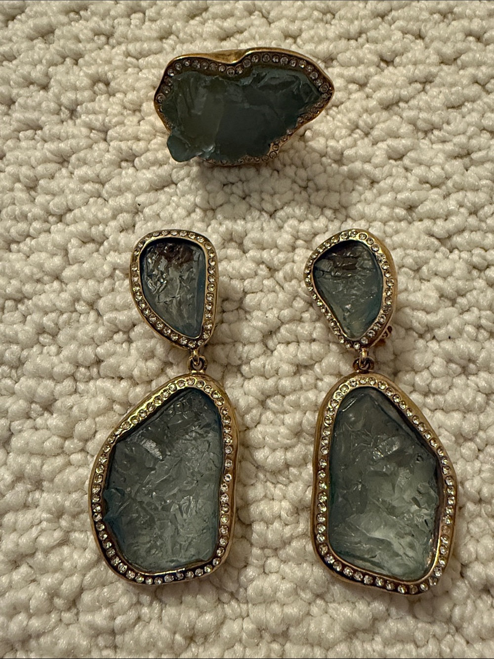 Kara Rose Gold-Trim aquamarine color Geode Drop Earrings and Ring Set